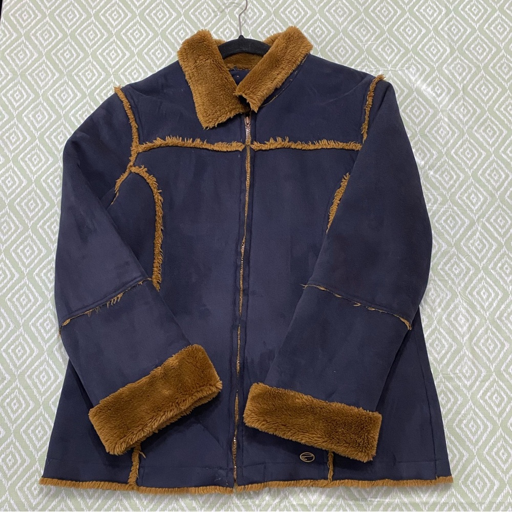 Vintage Point Zero Faux Suede Sherpa Aviator Jacket – Navy & Camel